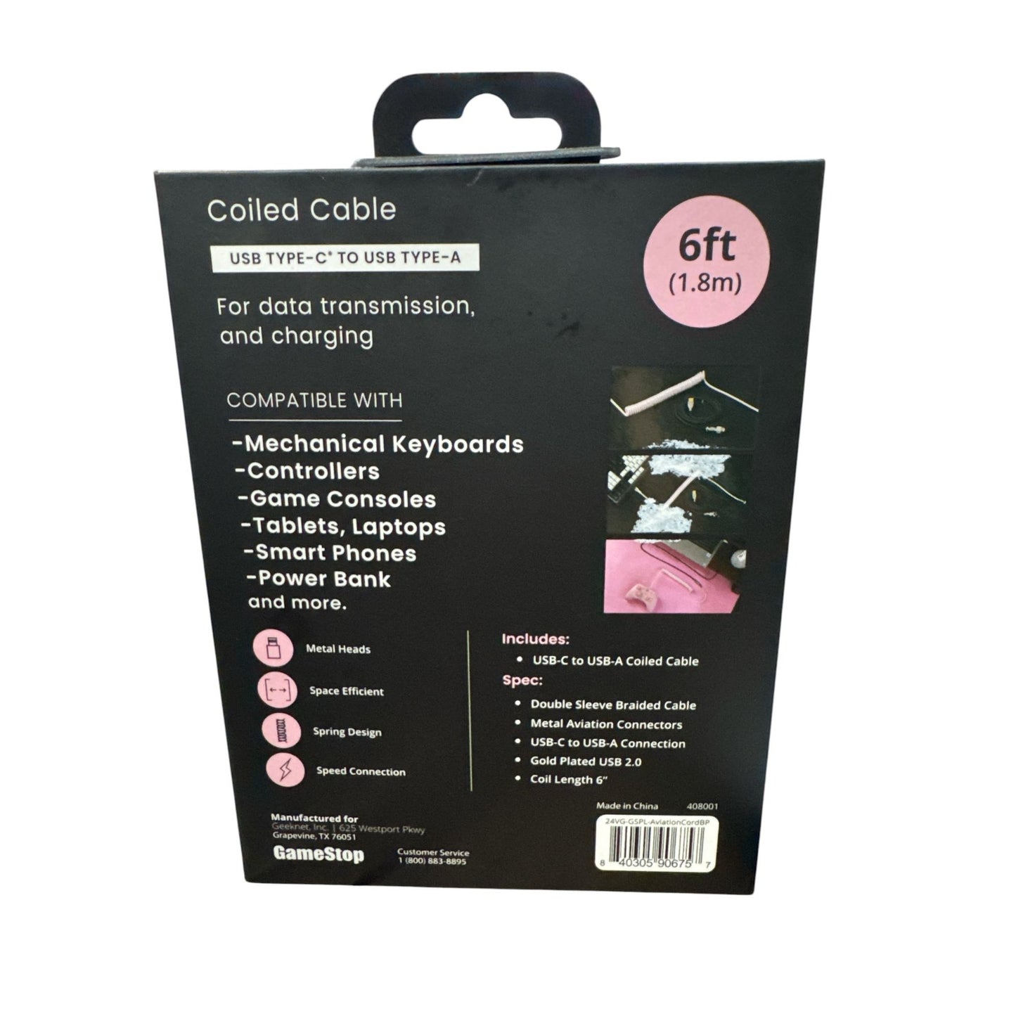 GameStop Coiled USB-C to USB-A Cable 6ft Black & Pink for Charging/Data Transfer