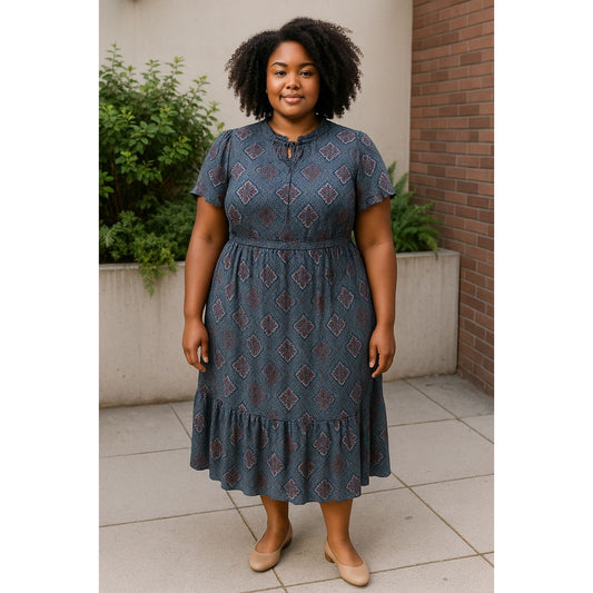 Nanette Lepore Blue & Purple Floral Patterned Short Sleeve Midi Dress Size 10