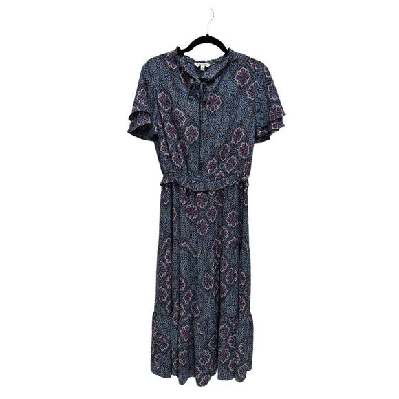 Nanette Lepore Blue & Purple Floral Patterned Short Sleeve Midi Dress Size 10