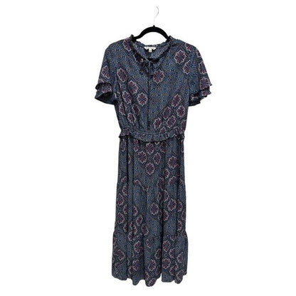 Nanette Lepore Blue & Purple Floral Patterned Short Sleeve Midi Dress Size 10