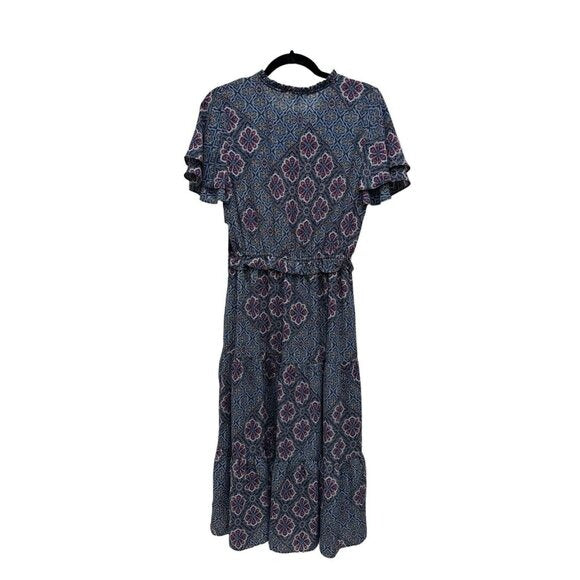 Nanette Lepore Blue & Purple Floral Patterned Short Sleeve Midi Dress Size 10