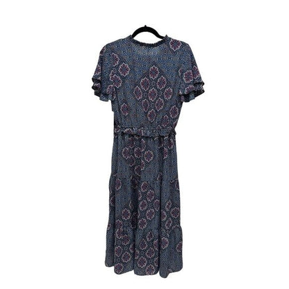 Nanette Lepore Blue & Purple Floral Patterned Short Sleeve Midi Dress Size 10
