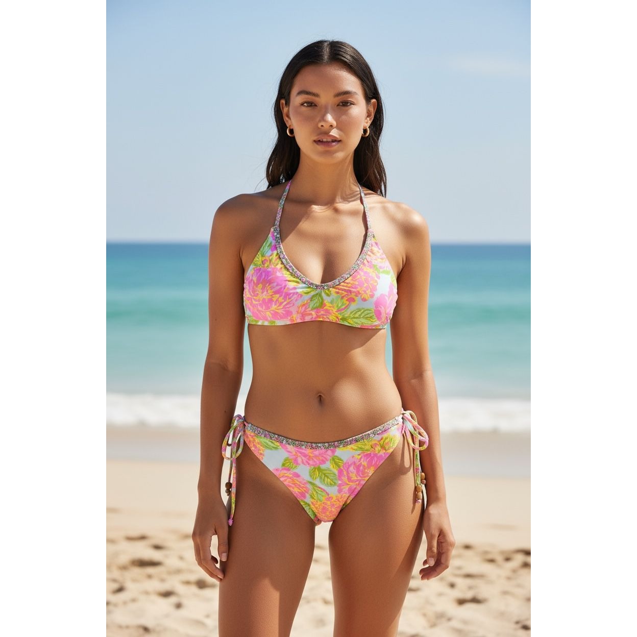 Maaji Women's Reversible Bikini Top With Floral Pink & Green Print Adjustable Straps 2-In-1 Design SMALL