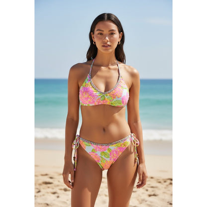 Maaji Women's Reversible Bikini Top With Floral Pink & Green Print Adjustable Straps 2-In-1 Design SMALL