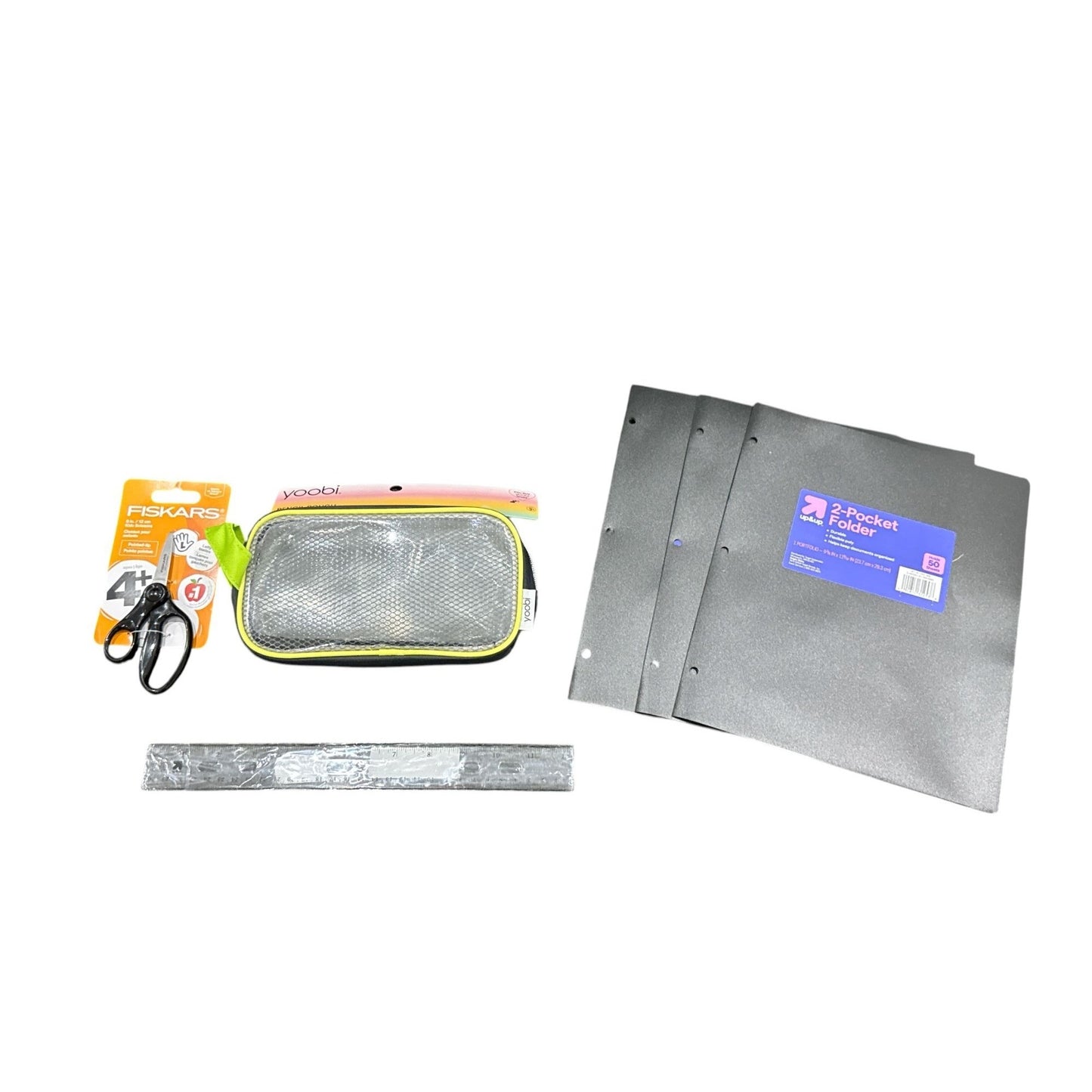 Set of 6 School Supplies: Yoobi Pencil Pouch, Fiskars Scissors, Ruler, &  2-Pocket Folders For Kids & Students