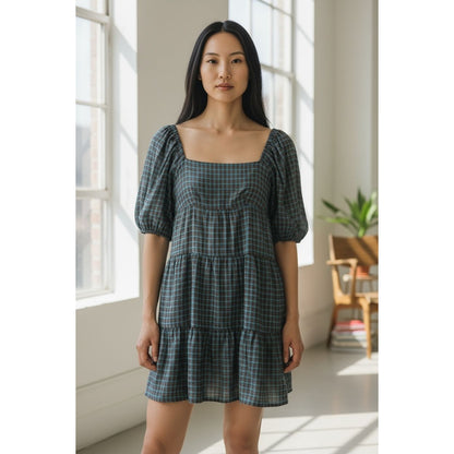 WAYF Plaid Tiered Mini Dress With Puff Sleeves In Blue & Brown