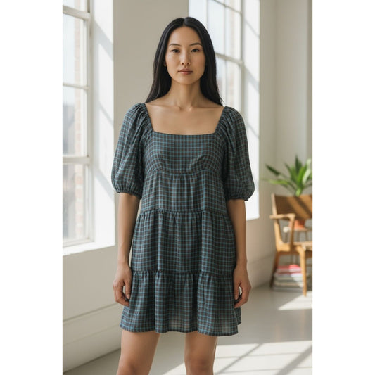 WAYF Plaid Tiered Mini Dress With Puff Sleeves In Blue & Brown