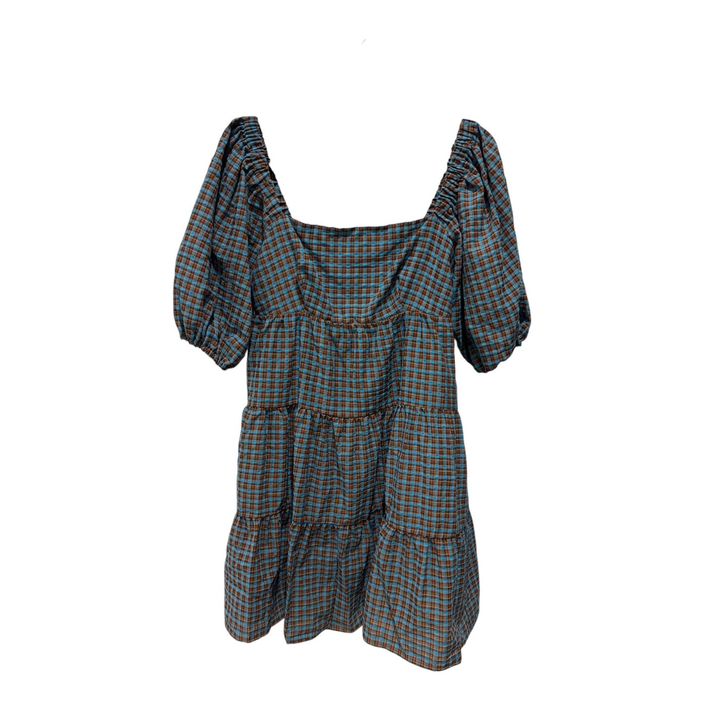WAYF Plaid Tiered Mini Dress With Puff Sleeves In Blue & Brown