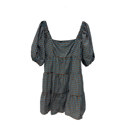 WAYF Plaid Tiered Mini Dress With Puff Sleeves In Blue & Brown
