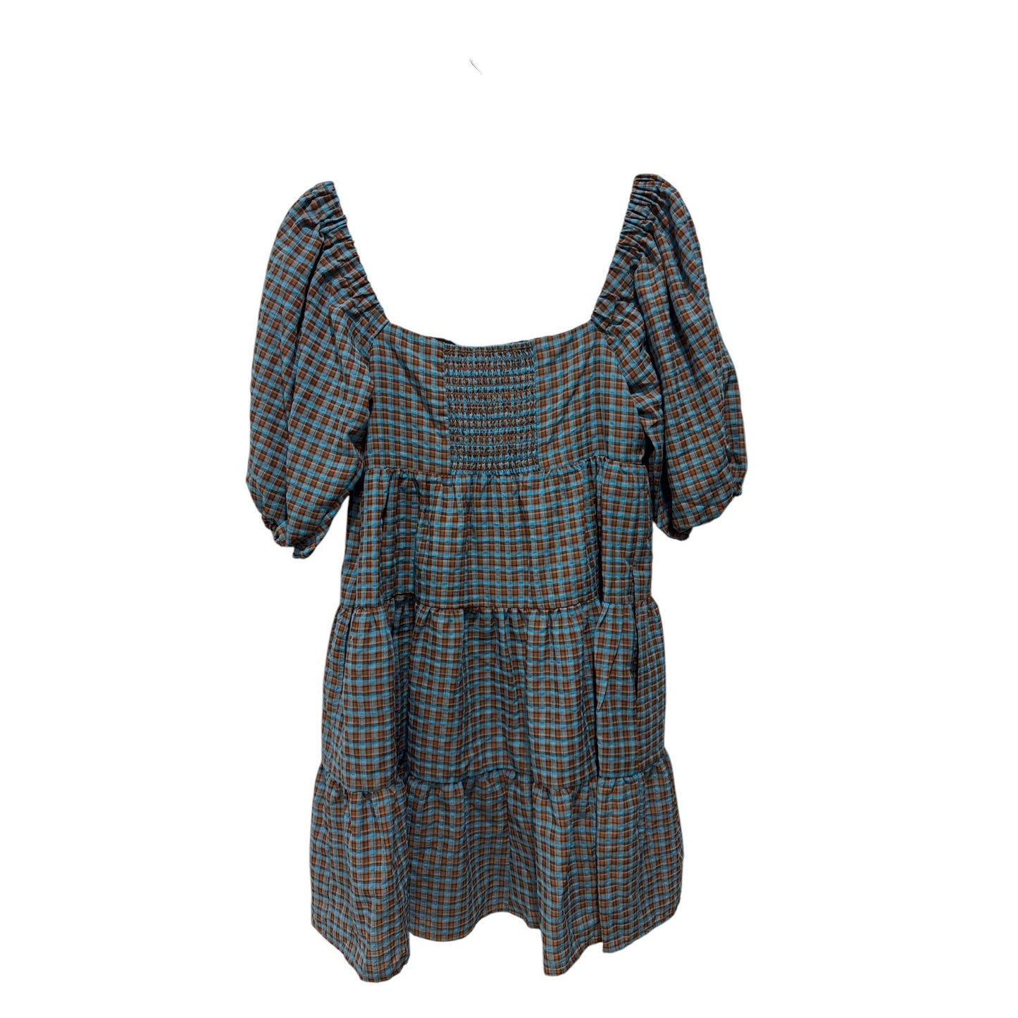 WAYF Plaid Tiered Mini Dress With Puff Sleeves In Blue & Brown