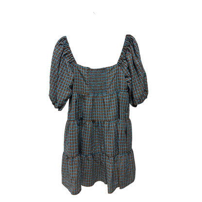 WAYF Plaid Tiered Mini Dress With Puff Sleeves In Blue & Brown