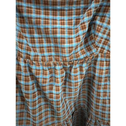WAYF Plaid Tiered Mini Dress With Puff Sleeves In Blue & Brown
