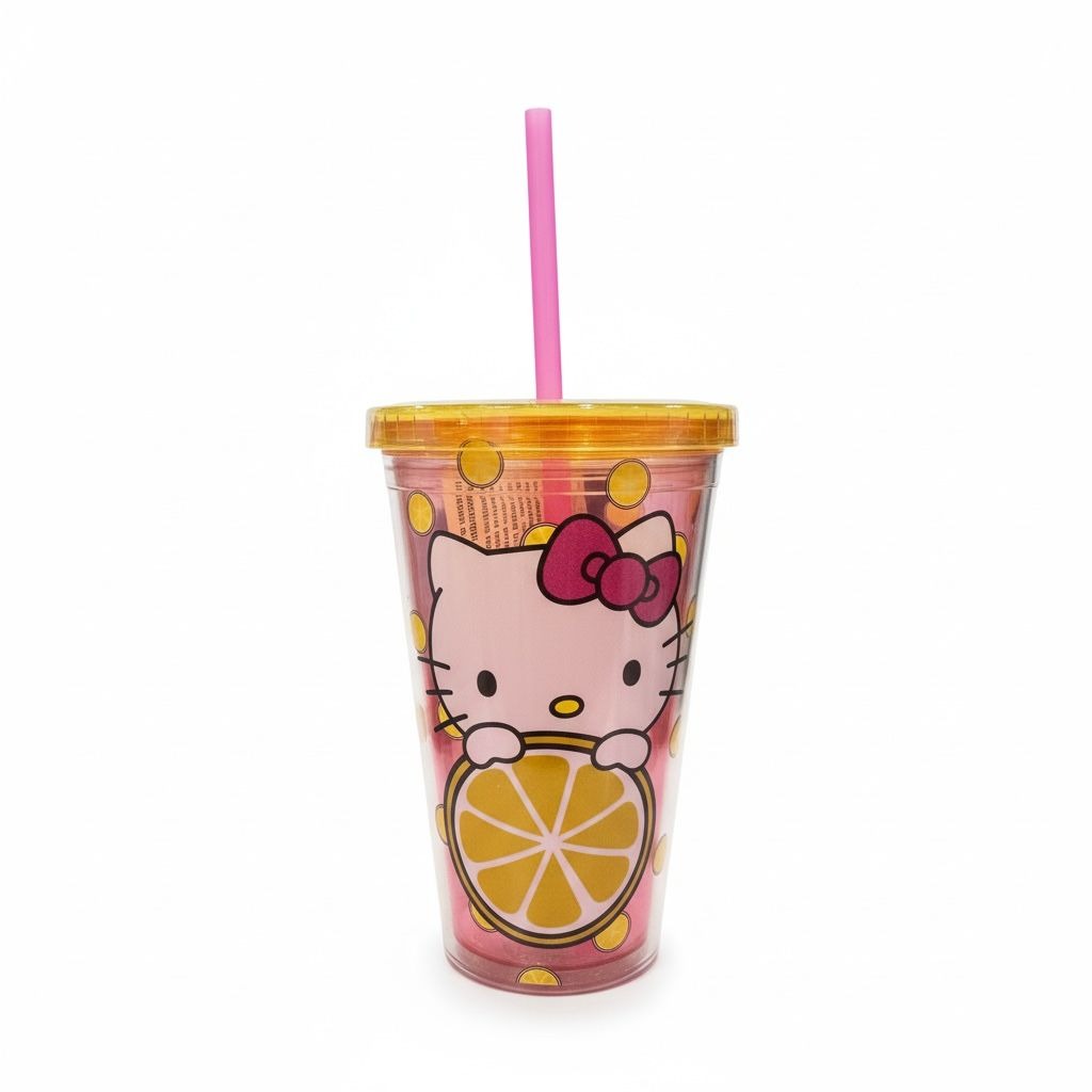 Hello Kitty Lemonade-Themed Tumbler With Lid & Straw 16oz Pink & Yellow BPA-Free