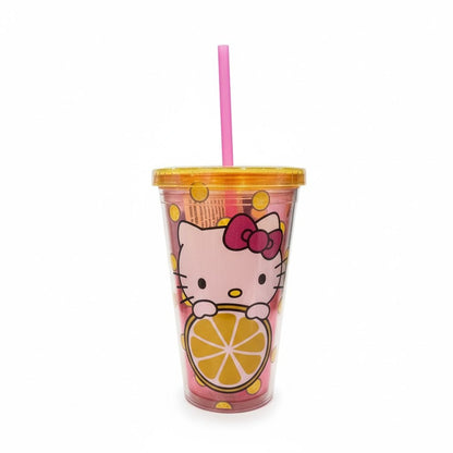 Hello Kitty Lemonade-Themed Tumbler With Lid & Straw 16oz Pink & Yellow BPA-Free