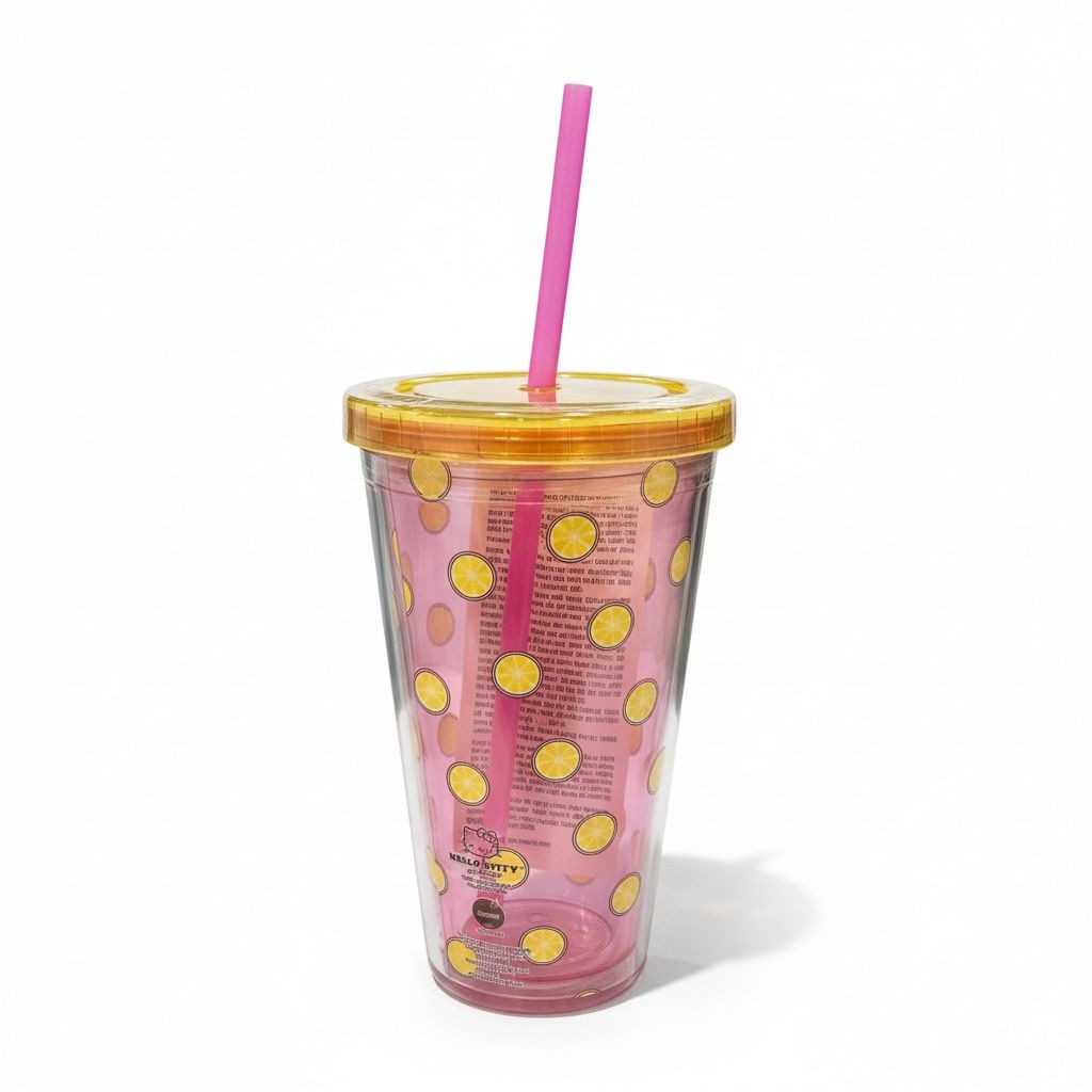 Hello Kitty Lemonade-Themed Tumbler With Lid & Straw 16oz Pink & Yellow BPA-Free