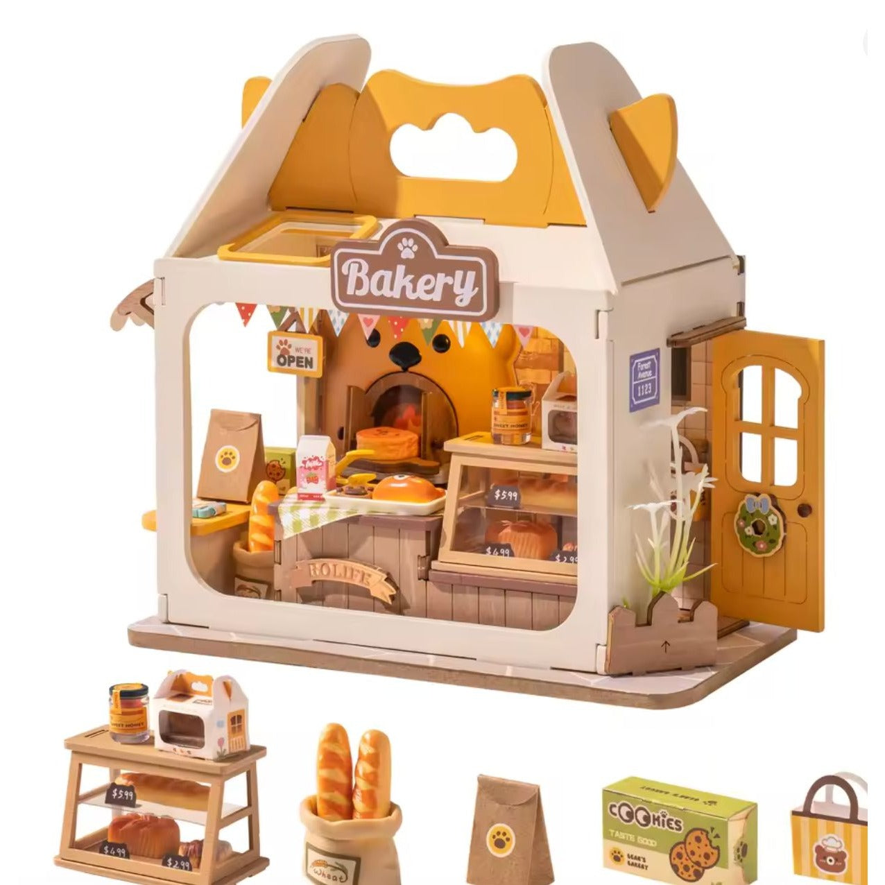 DIY Miniature House Kit Teddys Breadbox Bakery With LED Lights 105 Pcs By Rolife For Ages 14+