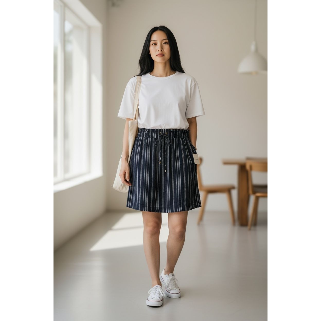 Ellen Tracy Women's Navy & White Striped Pull-On Skirt With Drawstring Waist XL New