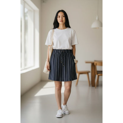 Ellen Tracy Women's Navy & White Striped Pull-On Skirt With Drawstring Waist XL New