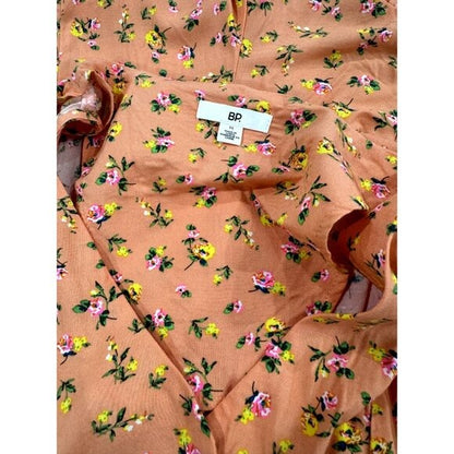 BP Sleeveless Floral Peach Mini Dress Romper With Ruffle Hem & Back Tie Size MEDIUM