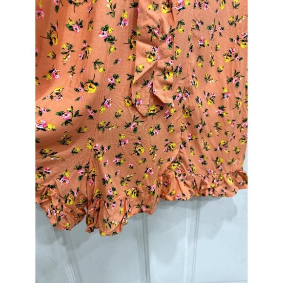 BP Sleeveless Floral Peach Mini Dress Romper With Ruffle Hem & Back Tie Size MEDIUM