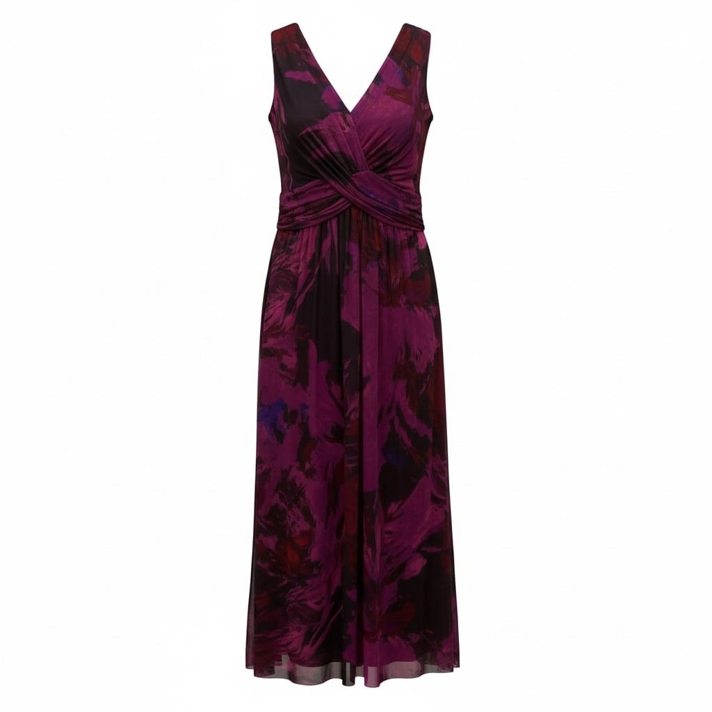 London Times Women's Plus Size 20W Sleeveless Purple Floral Midi Dress With Twist Front Detail