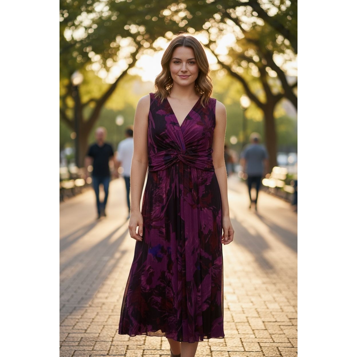 London Times Women's Plus Size 20W Sleeveless Purple Floral Midi Dress With Twist Front Detail