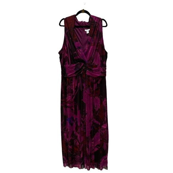 London Times Women's Plus Size 20W Sleeveless Purple Floral Midi Dress With Twist Front Detail