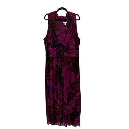 London Times Women's Plus Size 20W Sleeveless Purple Floral Midi Dress With Twist Front Detail