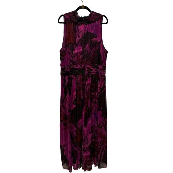 London Times Women's Plus Size 20W Sleeveless Purple Floral Midi Dress With Twist Front Detail