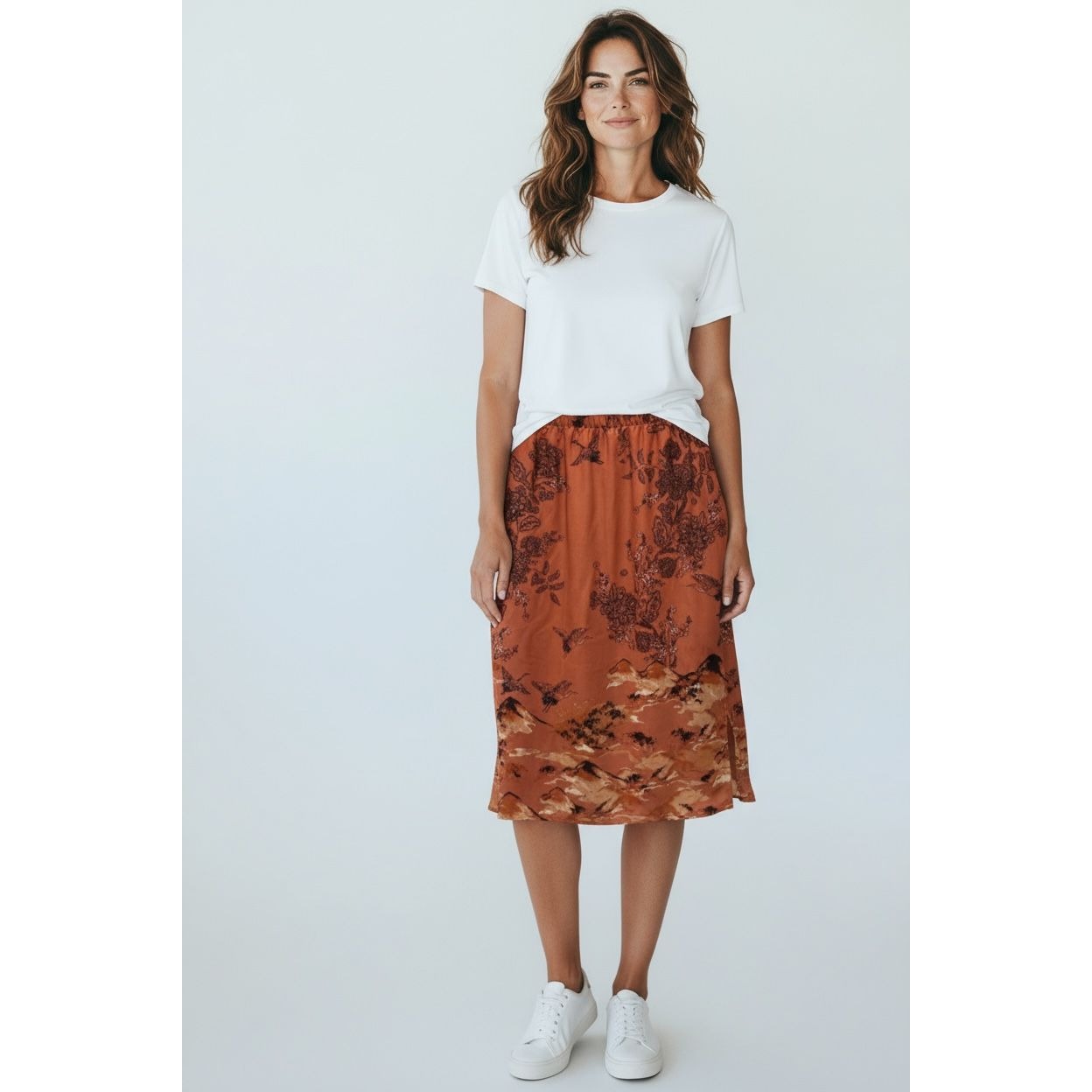Pleione Women's Floral & Crane Print Midi Skirt Rust Orange Elastic Waist Size M Lightweight Fabric