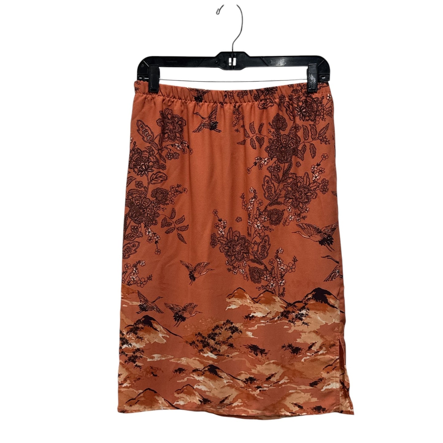 Pleione Women's Floral & Crane Print Midi Skirt Rust Orange Elastic Waist Size M Lightweight Fabric