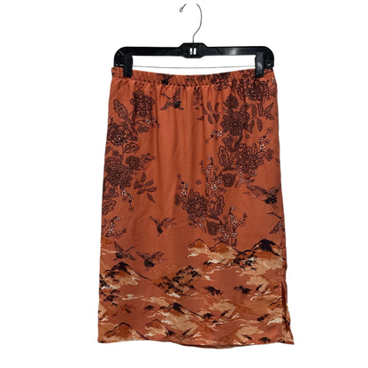 Pleione Women's Floral & Crane Print Midi Skirt Rust Orange Elastic Waist Size M Lightweight Fabric