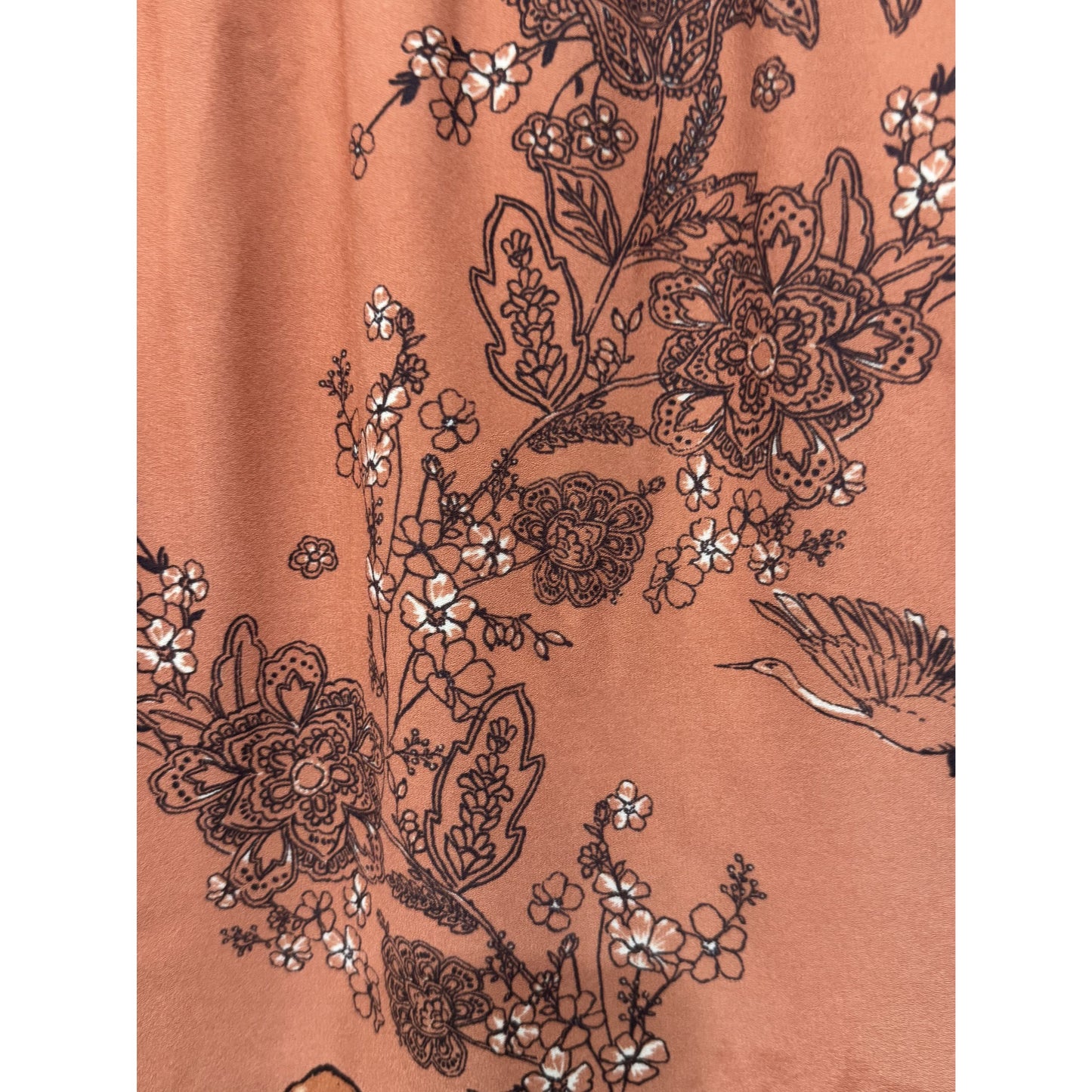 Pleione Women's Floral & Crane Print Midi Skirt Rust Orange Elastic Waist Size M Lightweight Fabric