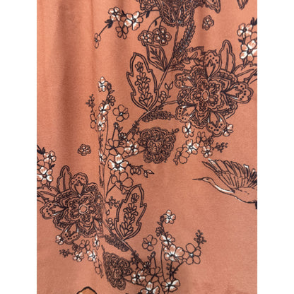 Pleione Women's Floral & Crane Print Midi Skirt Rust Orange Elastic Waist Size M Lightweight Fabric