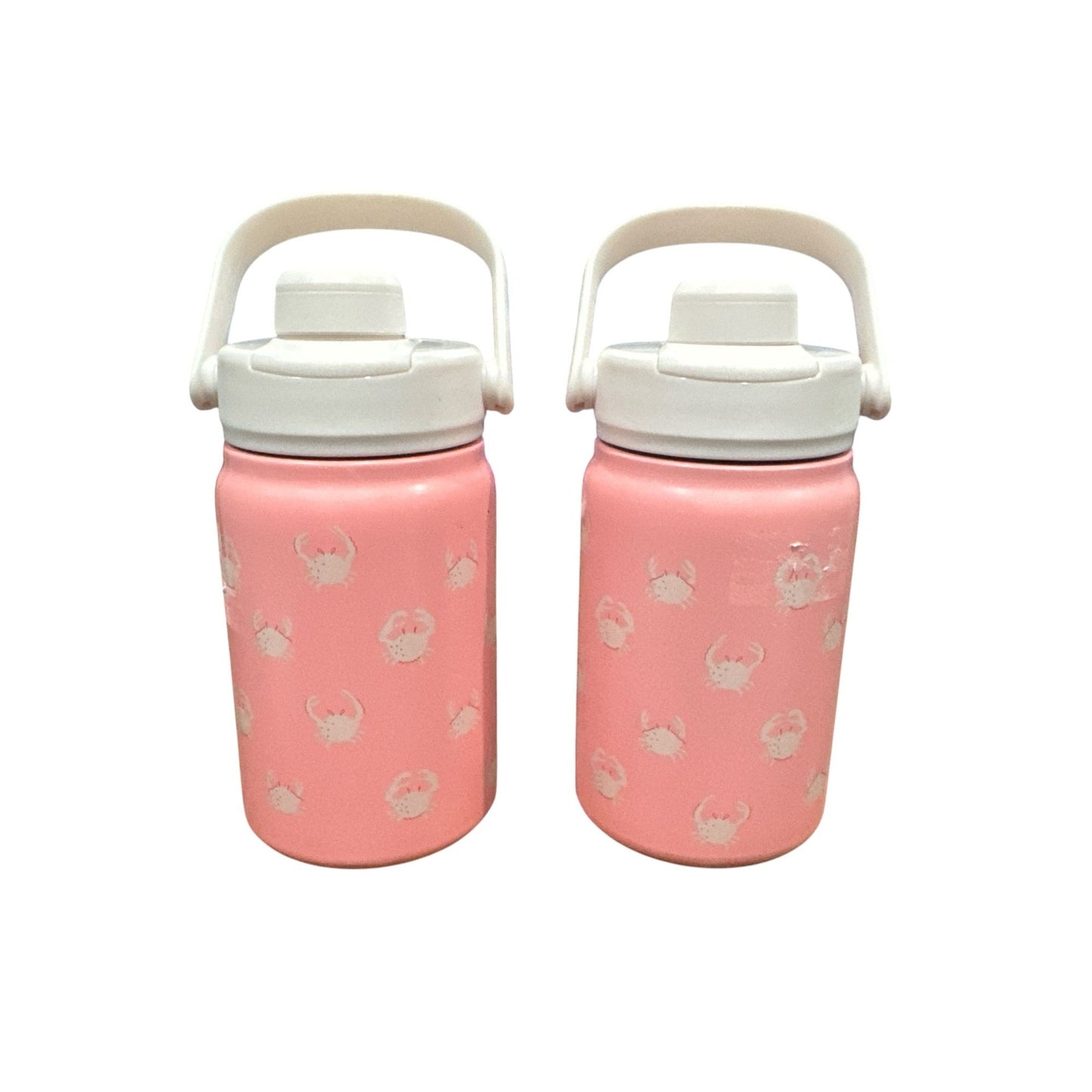 Set Of 2 Pink Crab Print Double-Wall Stainless Steel Water Bottles With Handles, 12 Oz