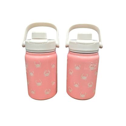 Set Of 2 Pink Crab Print Double-Wall Stainless Steel Water Bottles With Handles, 12 Oz