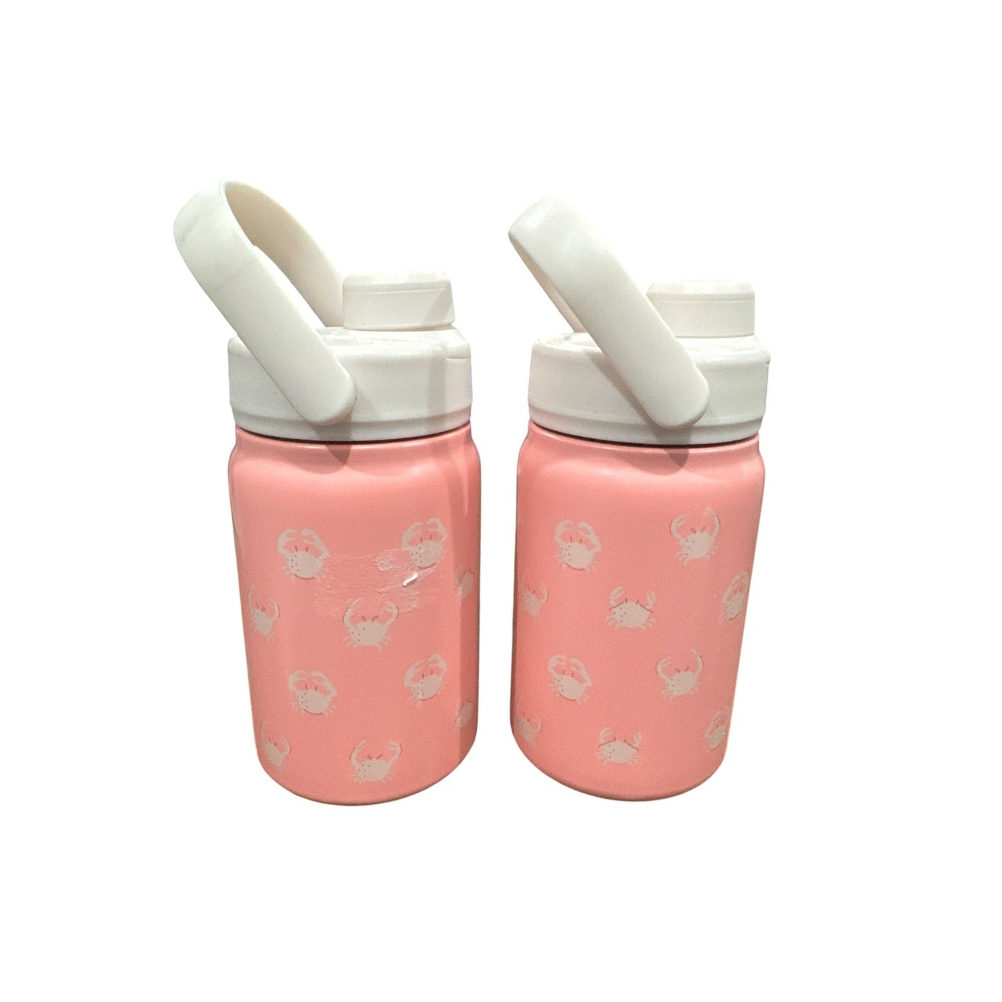 Set Of 2 Pink Crab Print Double-Wall Stainless Steel Water Bottles With Handles, 12 Oz