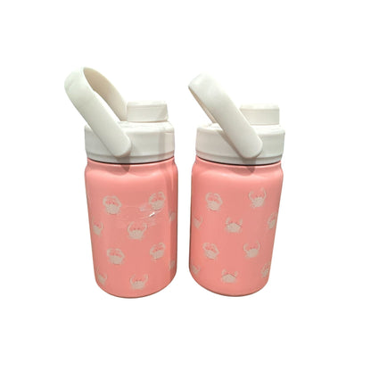 Set Of 2 Pink Crab Print Double-Wall Stainless Steel Water Bottles With Handles, 12 Oz