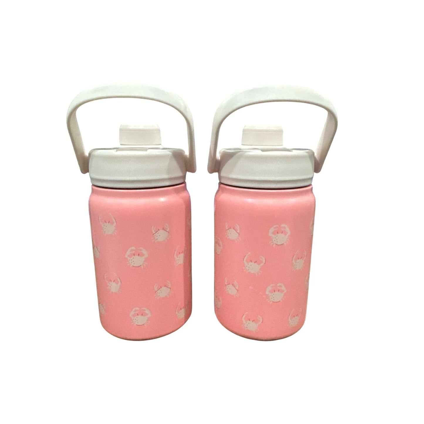 Set Of 2 Pink Crab Print Double-Wall Stainless Steel Water Bottles With Handles, 12 Oz