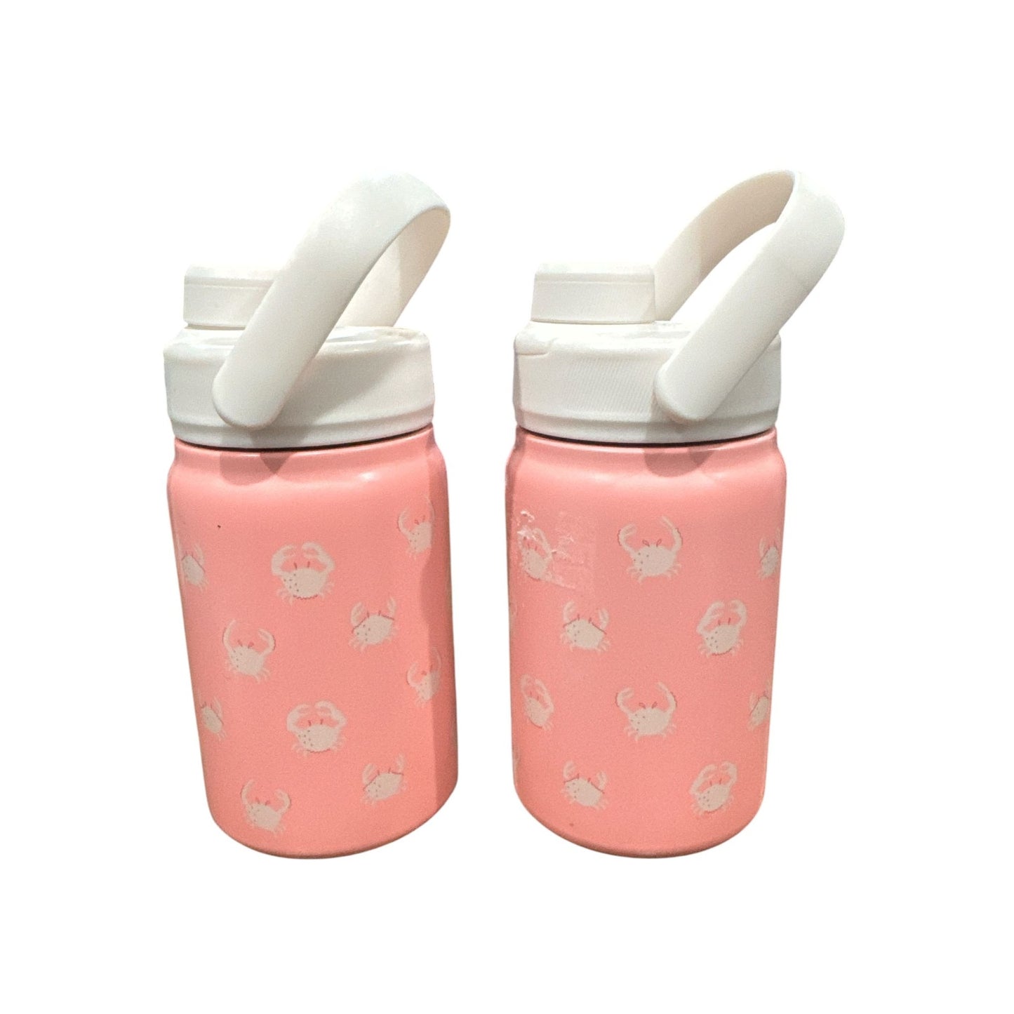 Set Of 2 Pink Crab Print Double-Wall Stainless Steel Water Bottles With Handles, 12 Oz