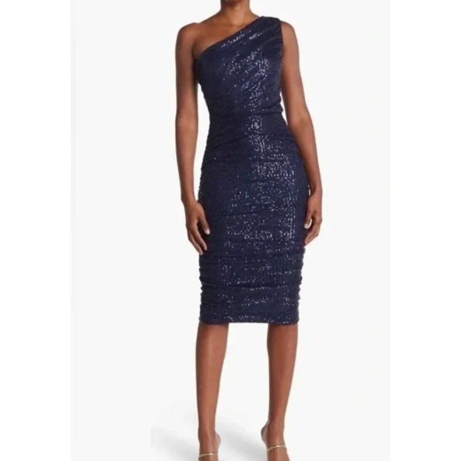 One-Shoulder Navy Sequin Dress By Love X Design Midi Length Size L