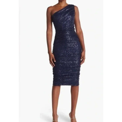 One-Shoulder Navy Sequin Dress By Love X Design Midi Length Size L