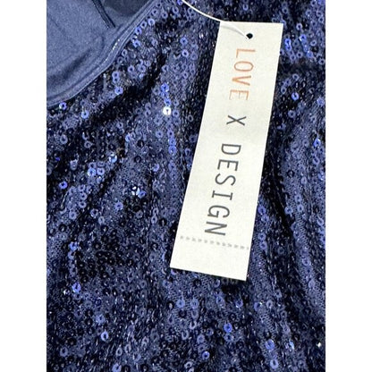 One-Shoulder Navy Sequin Dress By Love X Design Midi Length Size L