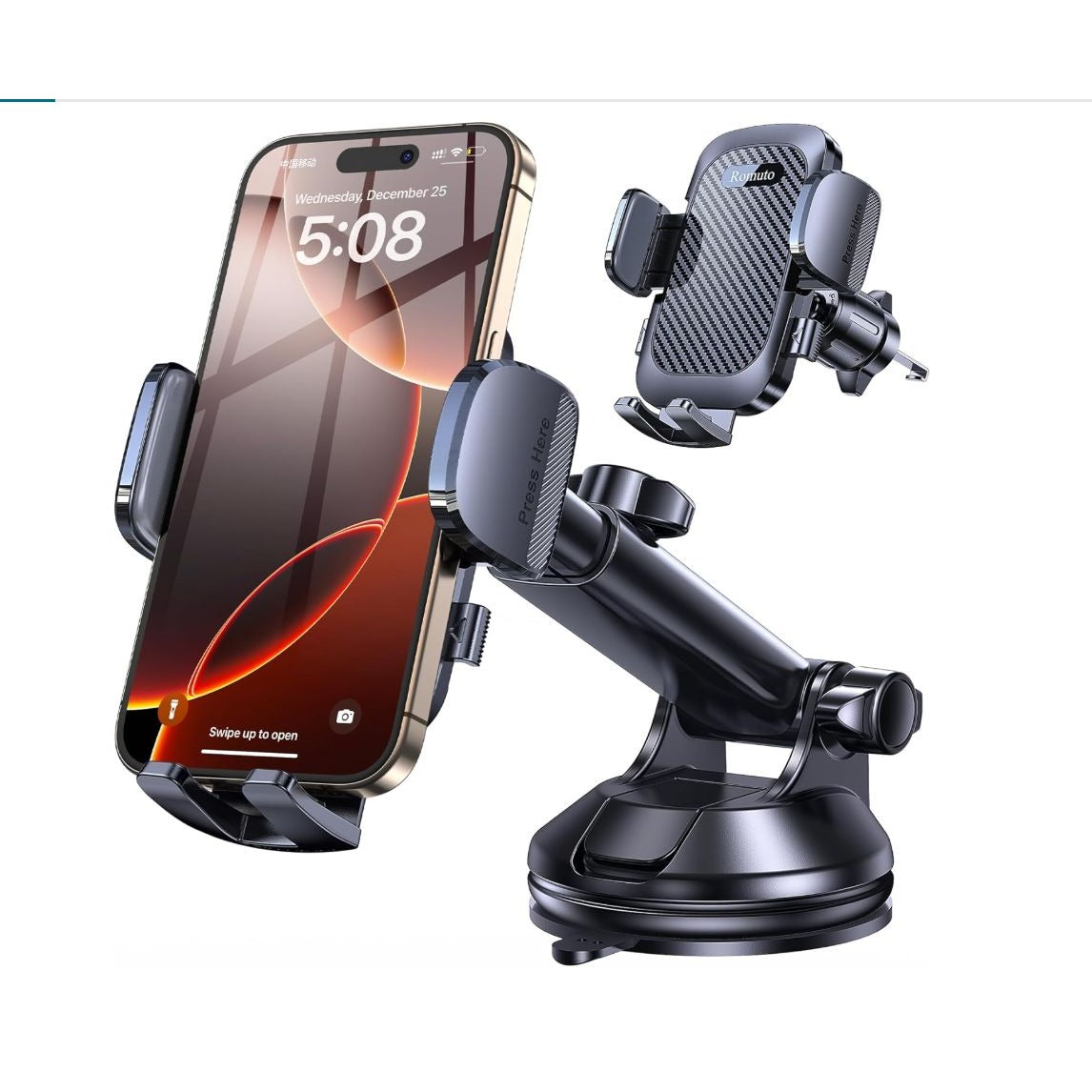 Car Phone Mount With Adjustable Arm & Secure Suction Cup For Dashboard & Windshield Use