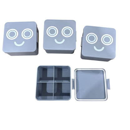 Set Of 4 Gray Robot Face Novelty Bento Boxes With 4 Compartments And Snap-On Lids For Easy Food Storage