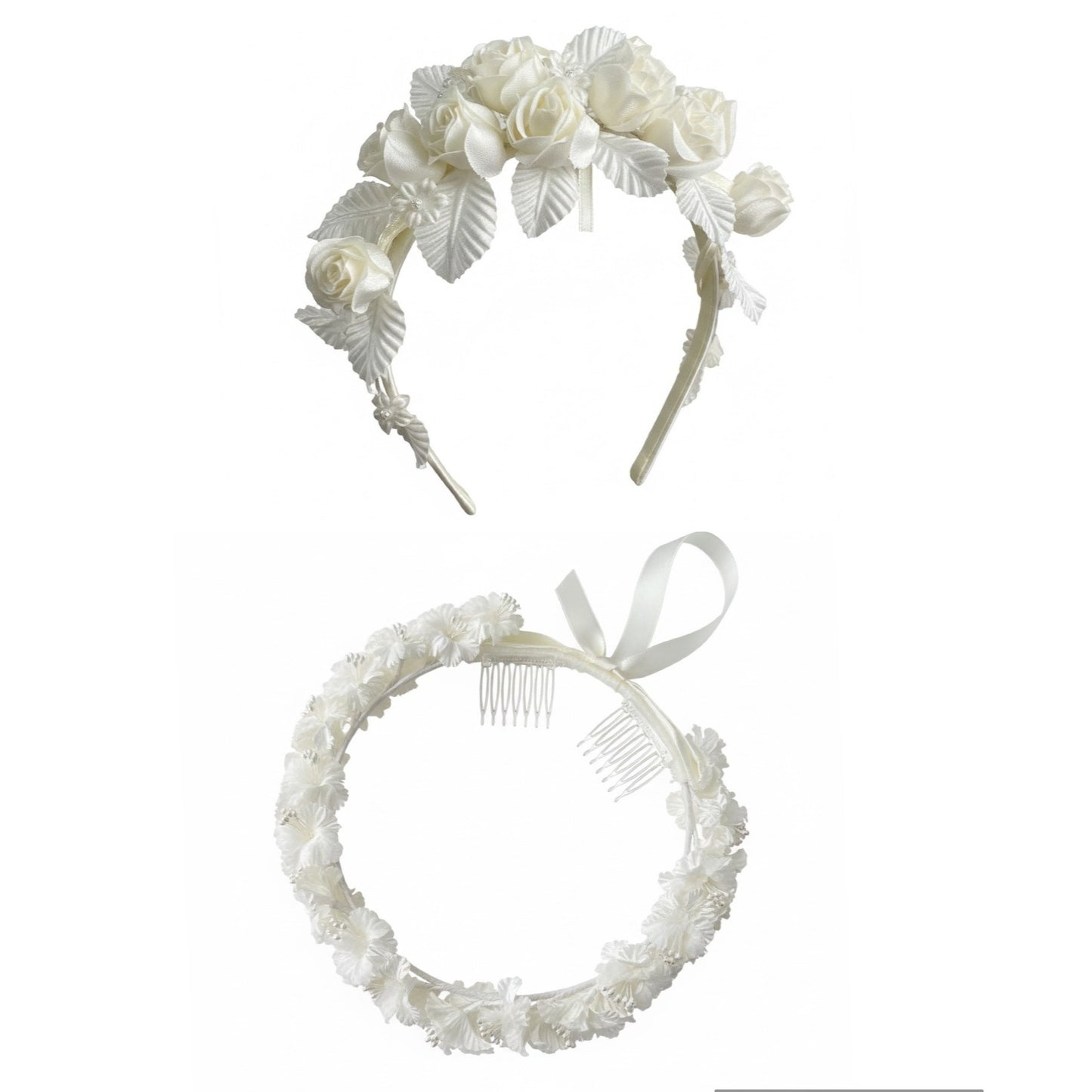 Set of 2 Floral Ivory Satin Flower Crown With Ribbon & Comb Attachments For Weddings Or First Communion