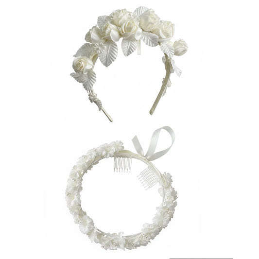 Set of 2 Floral Ivory Satin Flower Crown With Ribbon & Comb Attachments For Weddings Or First Communion
