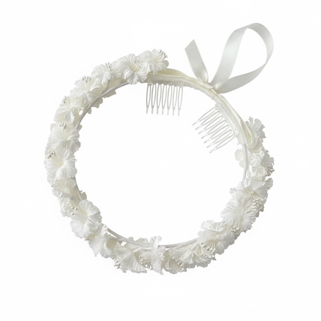 Set of 2 Floral Ivory Satin Flower Crown With Ribbon & Comb Attachments For Weddings Or First Communion
