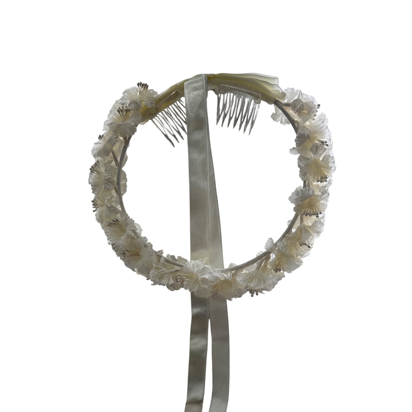 Set of 2 Floral Ivory Satin Flower Crown With Ribbon & Comb Attachments For Weddings Or First Communion