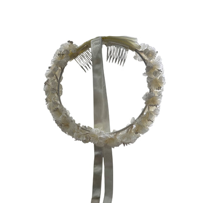 Set of 2 Floral Ivory Satin Flower Crown With Ribbon & Comb Attachments For Weddings Or First Communion